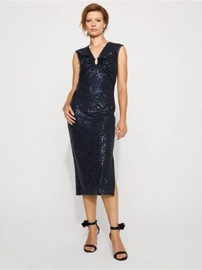 Sleeveless Navy Sequin Midi Dress with Keyhole Detail